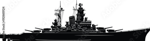 Battleship silhouette illustration showing powerful naval warship with heavy artillery, military sea combat vessel concept isolated on white background for defense and history design