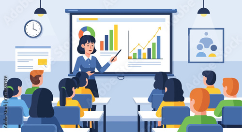 Business Training Session with a Professional Instructor Presenting Data Analytics on a Whiteboard