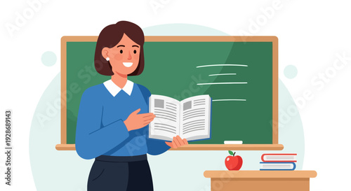 Dedicated female educator passionately engaged in teaching and education, presenting an open book in a vibrant classroom environment, fostering learning and knowledge sharing