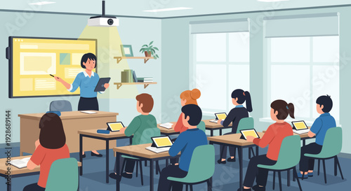 Modern Classroom Learning Environment with Teacher and Students Engaged in Digital Education and Interactive Lessons using Technology