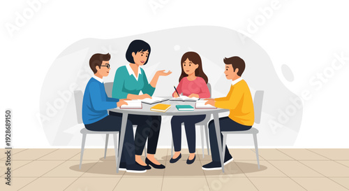 A group of four people, including a teacher and three students, are gathered around a table discussing schoolwork and lessons