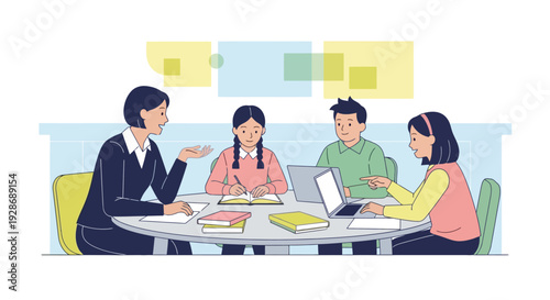 An experienced teacher facilitates a productive study group for attentive students, encouraging active participation and fostering a positive learning atmosphere
