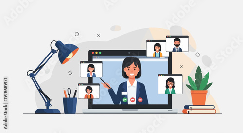 Online learning concept with female teacher on laptop screen surrounded by students and desk items