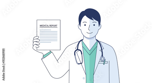 Illustration of a Doctor Holding a Medical Report with Stethoscope Around Neck