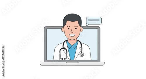 Telemedicine concept A male doctor offering virtual healthcare services via a laptop, illustrating remote medical assistance and digital health solutions for online consultations