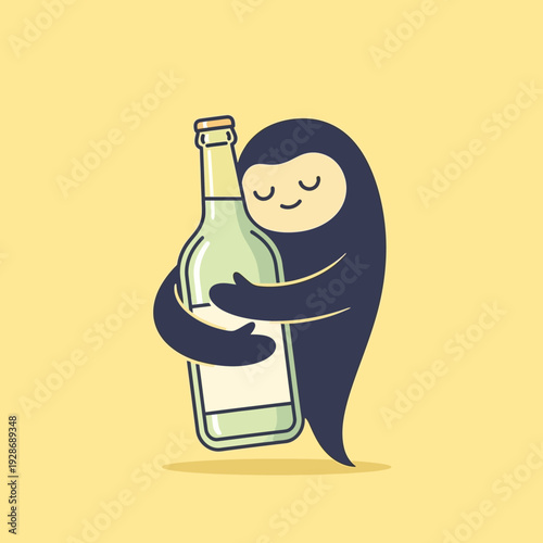 Cute monster hugging a bottle of wine with closed eyes, happy embrace, yellow background
