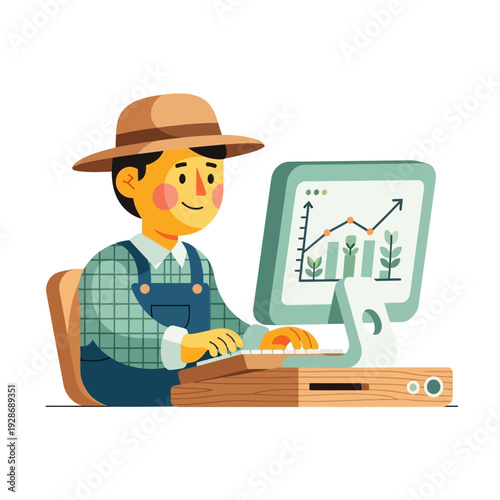 Farmer using computer for agricultural data analysis and growth tracking