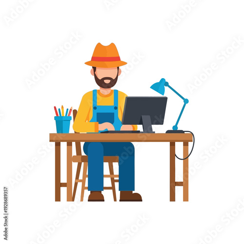 Farmer working on computer at desk, modern agriculture, technology in farming