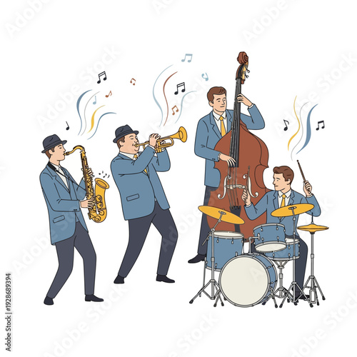 Jazz band playing music with saxophone, trumpet, double bass, and drums