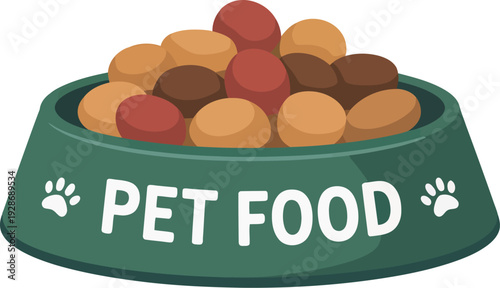 Dog Food Bowl Full of Kibble with Paw Print Icons Vector Illustration