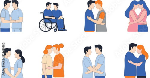 Diverse couples illustration featuring affectionate poses, inclusivity with disability representation, LGBTQ relationships, and multicultural love, ideal fo