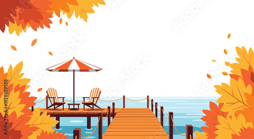 A wooden pier with two chairs and a striped umbrella extends into blue water framed by bright orange and yellow autumn leaves on a white background.