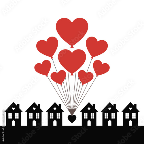 Houses release heart balloons symbolizing community love and shared.