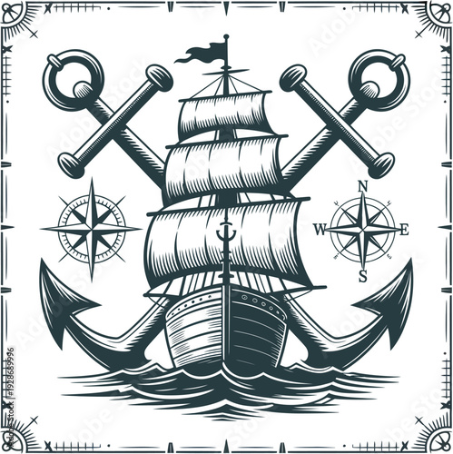 Vintage Tall Ship with Anchors and Compass Rose Nautical Maritime Emblem Vector