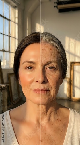 Split screen comparison showing woman aging process from young to elderly with wrinkles and gray hair in sunlit room for skincare and beauty concepts.