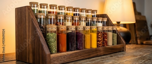 Wooden spice rack with glass test tubes filled with colorful herbs and spices on kitchen counter for cooking and culinary organization.