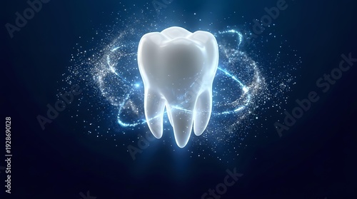 White tooth with glowing energy particles and light effects on dark blue background for dental care and oral health concepts.