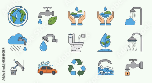 Water conservation icons for sustainable living and eco friendly practices