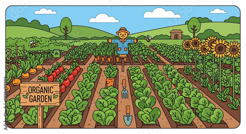 Vibrant organic garden scene with scarecrow and fresh produce