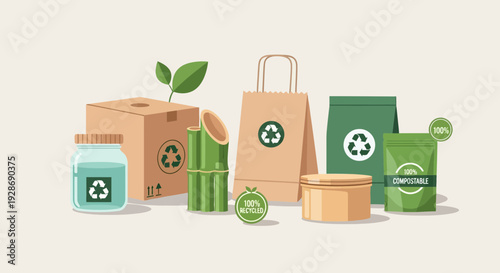 Eco friendly products with recycling symbols and sustainable packaging