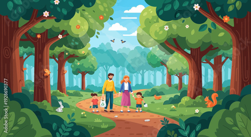 Happy family enjoying nature walk together in green park