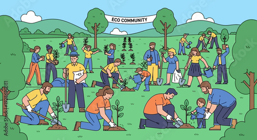 People planting trees in eco community on green field day