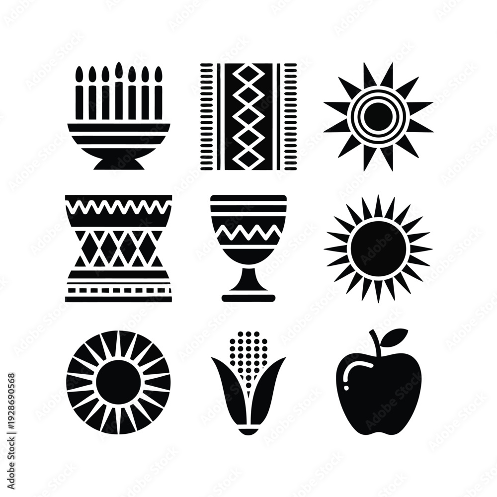 Fototapeta premium Black silhouette icons represent cultural symbols for harvest.