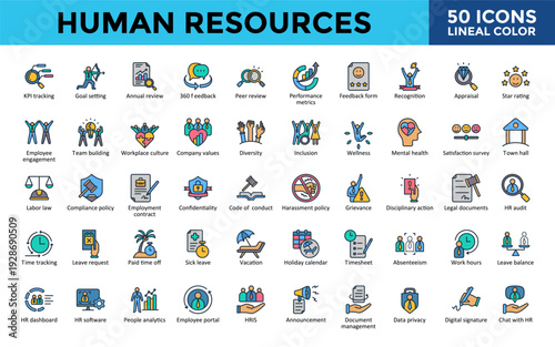 Human Resources icons set with kpi tracking, goal setting, annual review, 360 feedback, peer review, performance metrics, feedback form, confidentiality icon. Simple lineal color vector 
