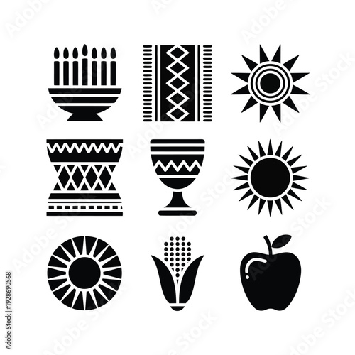 Black silhouette icons represent cultural symbols for harvest.