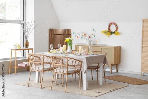 Festive table setting for Easter celebration in dining room