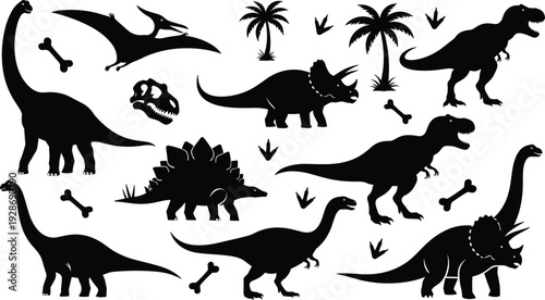 Dinosaur silhouette collection with T Rex, Triceratops and Stegosaurus, prehistoric animals and palm trees vector set in black and white
