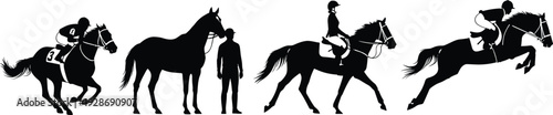 Equestrian horse riding silhouettes set with jockey, handler and show jumping poses, black and white vector illustration collection isolated on white