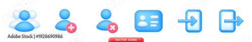 User account management interface icons set with add remove contact list login logout functions in glossy blue three dimensional style isolated on white background vector illustration