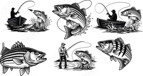 Fishing and bass fish illustration set with angler in boat and jumping striped bass isolated on white background, detailed black vector design