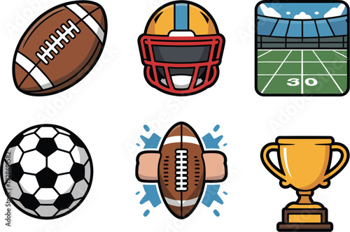 Sports Icons Collection: Football Soccer Ball Helmet Field Trophy and Ball with Splashes