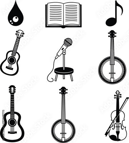 Music instrument icon set with guitar, banjo, violin, microphone and book isolated on white background, black vector illustration for audio and education design