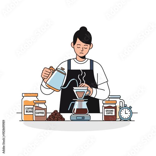 Barista making pour over coffee, brewing specialty coffee with fresh beans and equipment