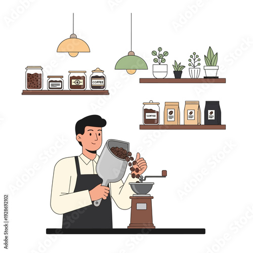 Barista Grinding Coffee Beans in a Cafe with Shelves of Coffee Products