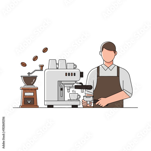 Barista making coffee with espresso machine and coffee grinder, coffee beans falling