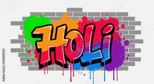 Vibrant holi festival graffiti on brick wall with colorful paint splashes