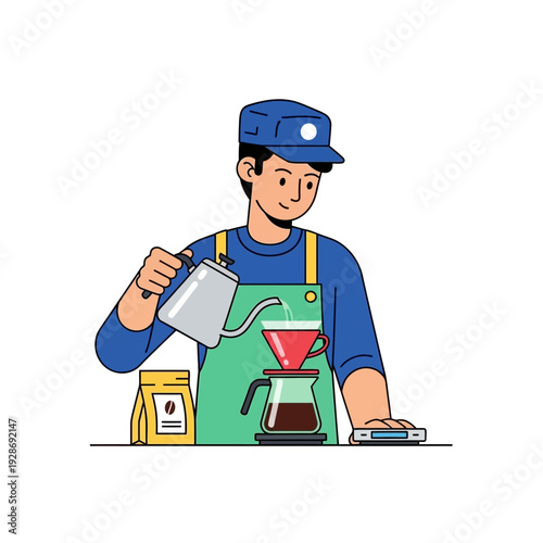 Barista making pour over coffee with kettle and coffee bag, close up