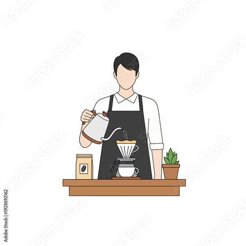 Barista making pour over coffee, brewing specialty coffee with a kettle and filter