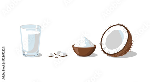 A glass of milk sits next to small chunks and a bowl of shredded flakes beside a halved brown coconut on a plain white background for a clean look.