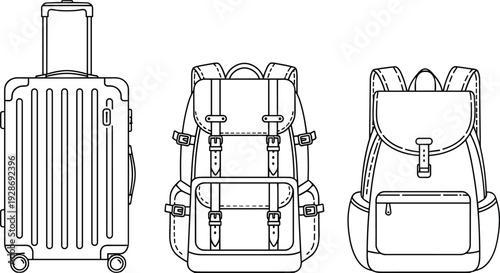 Travel luggage and backpack line art illustration set with suitcase and rucksack isolated on white background, detailed vector icons for tourism design