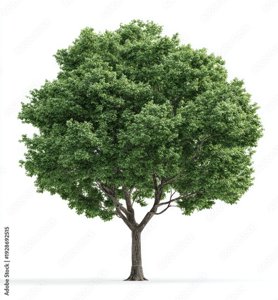 Obraz premium Lush green tree with a thick canopy and sturdy trunk, isolated on white background