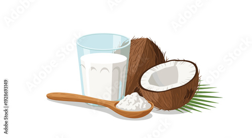 A glass of white coconut milk sits next to a whole coconut and a halved coconut with a wooden spoon of flour on a white background.