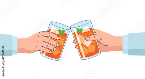 Two hands holding glasses of orange iced tea with ice cubes and mint leaves are clinking together in a toast against a white background.
