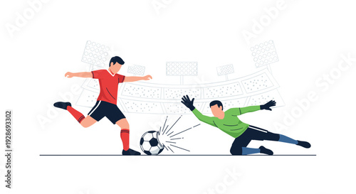 A soccer player in a red uniform kicks a ball past a diving goalkeeper in a green jersey inside a simplified stadium with floodlights.