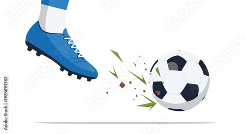 A single blue soccer cleat is shown in close-up as it strikes a black and white soccer ball with grass and dirt flying from the impact.