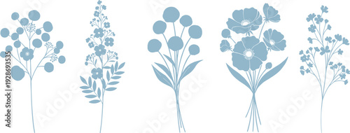 Elegant monochromatic botanical illustration set featuring diverse floral arrangements, stylized flower silhouettes, decorative nature elements, minimalist 